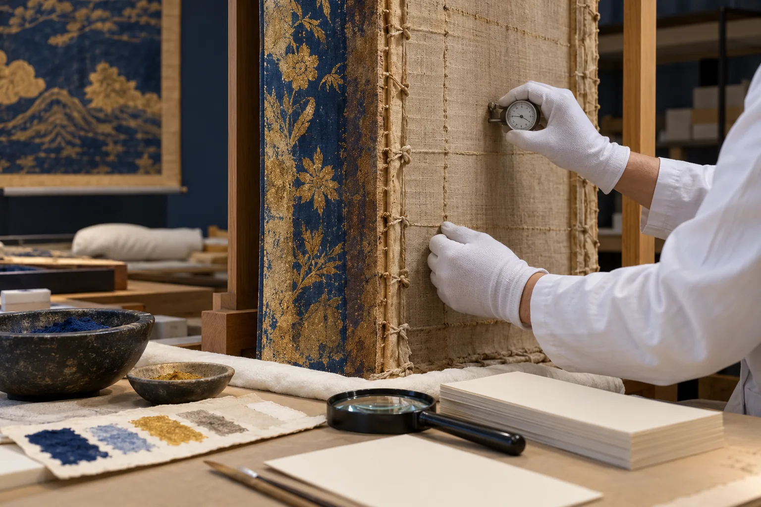 Technician inspecting designer artworks at a quality desk